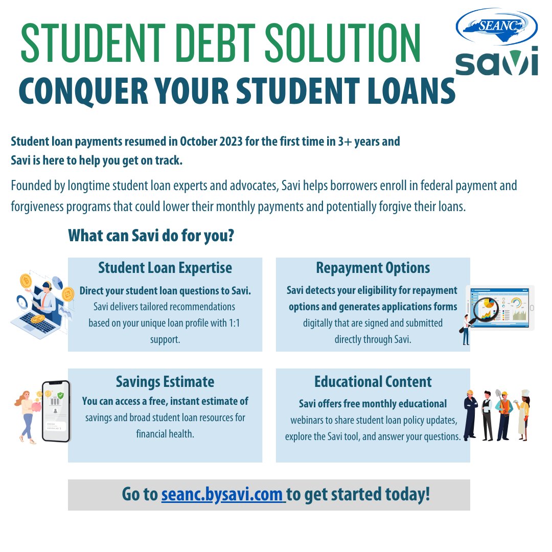 Take control of your Student Debt with Savi! Get expert advise, repayment options, educational webinars, and learn how to improve your financial health! You can get started today at ow.ly/rban50RaK7h!