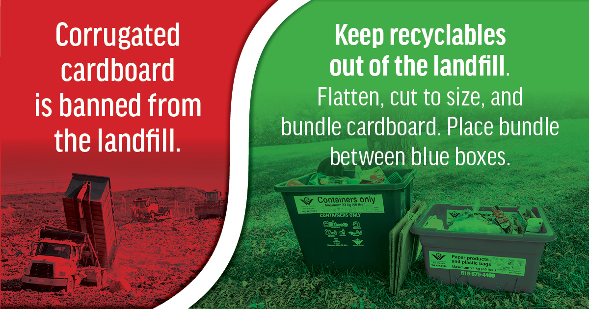 Keep cardboard out of the landfill! Recycle this resource by flattening, cutting to size and bundling with twine not tape. Place bundled cardboard beside your blue box. rb.gy/gymna1