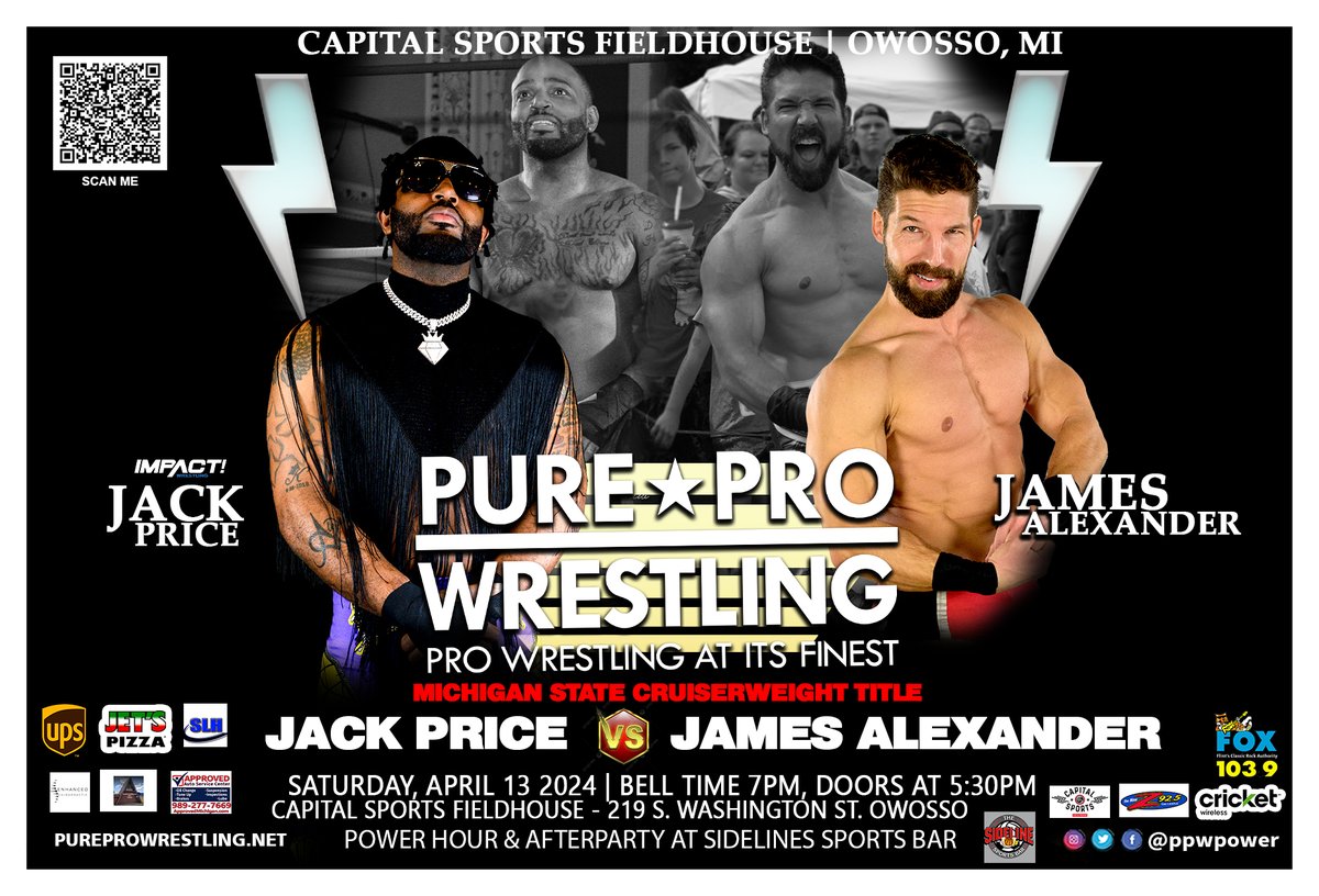 🚨 Witness the battle for the Michigan State Cruiserweight Championship between @JackPrice607 vs James Alexander Gazso - Saturday, April 13, at The Sideline Owosso & Capital Sports!🔥Use 'SCOUTS' or 'YMCA' for 10% off tickets. Get yours now!🎟️Tickets: ppwpower.ticketspice.com/clash-at-the-c…