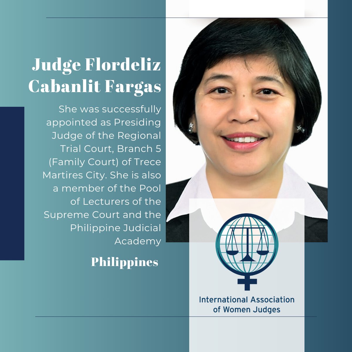 🌟 Meet Judge Flordeliz Cabanlit Fargas: A Rising Leader with a Vision 🌟Explore her journey to becoming a Filipino judge and the challenges she faced along the way.   🔸Learn more about her: iawj.org/content.aspx?p…   #IAWJ #WomenJudges #IAWJRisingLeader