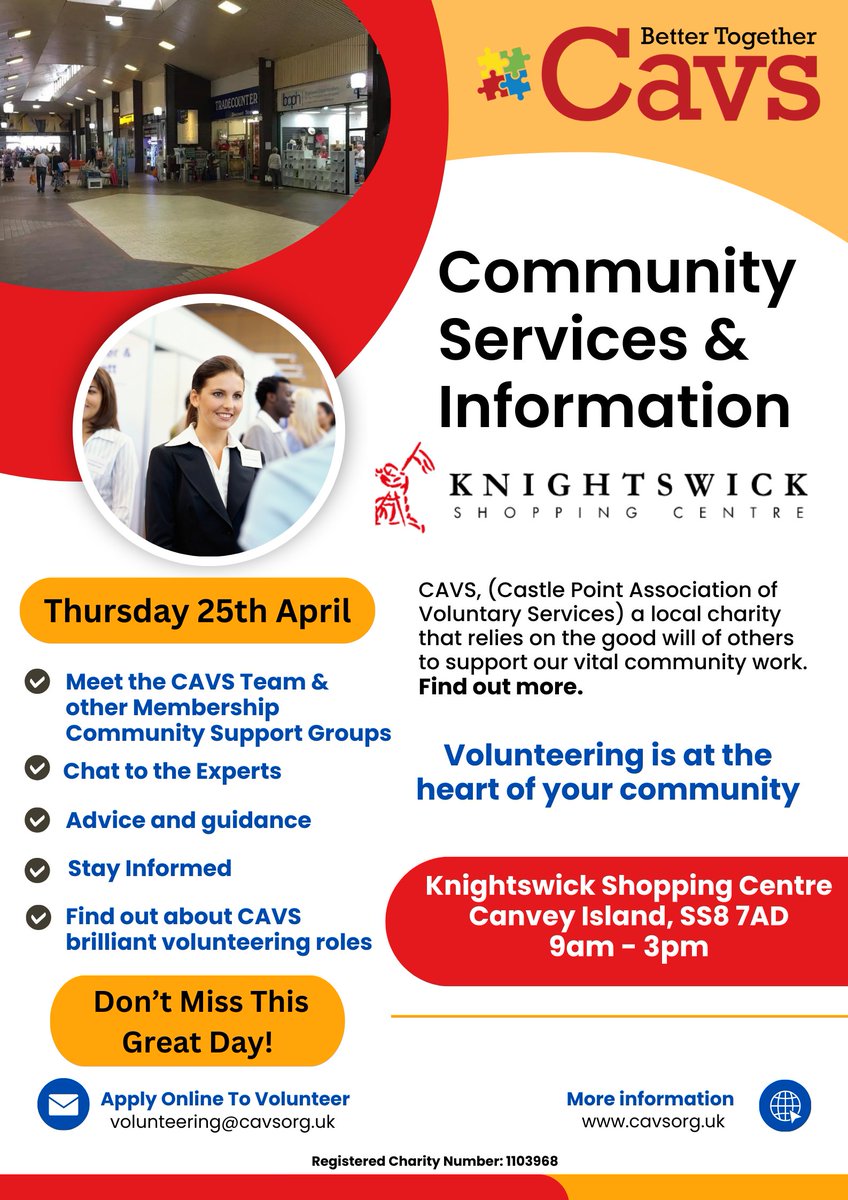 CAVS are hosting a Community Services & Information event in the Knightswick Centre, Canvey Island on Thursday 25 April. Meet CAVS members and receive free advice and information.