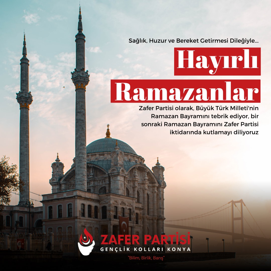 Zafer Partisi olarak, Büyük Türk Milleti'nin Ramazan Bayramını tebrik ediyor, bir sonraki Ramazan Bayramını Zafer Partisi iktidarında kutlamayı diliyoruz... @zaferpartisi @umitozdag @omerfarukerd @zafergenclikgm @M_cankucuk @Ahmetucugsen1