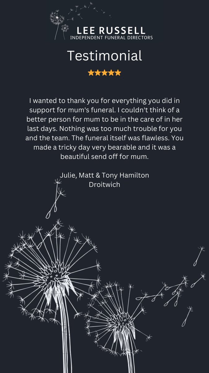 Another lovely review for the team. 
Thank you for your kind words. 

#droitwich #worcester #worcestershire #funeraldirector #funeralservices #review
#community #leerussellfunerals #leerussellfuneraldirectors