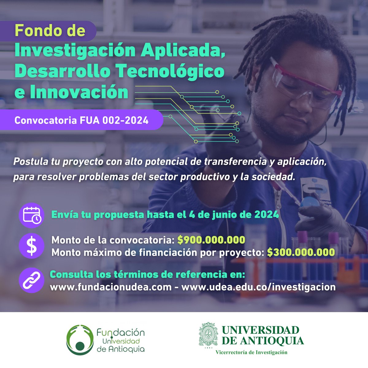 🌟 ¡Investigadores! ¿Listos para hacer historia? 💡🔬 Postúlate al Fondo de Investigación Aplicada de Fundacion Universidad de Antioquia. Recibe hasta COP$300 millones. ¡Tu momento de brillar es ahora! 🚀🔍 Más info: bit.ly/Convocatoria-F… #UdeACiencia