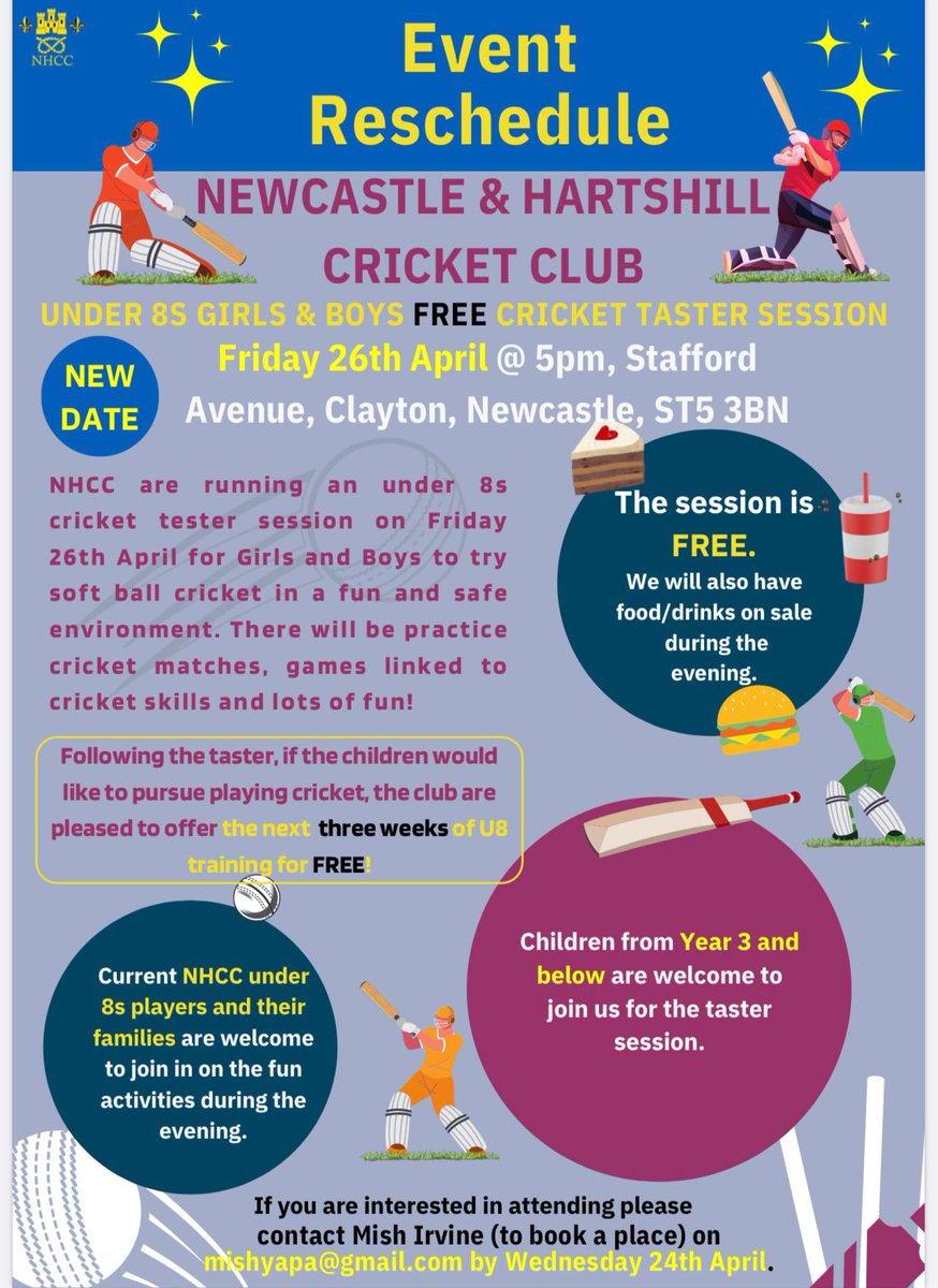 Outdoor Junior Practice is back this Friday! 🏏 With the Girls & Ladies Softball training 6-7! 🏏 The 'New to the Club' u8 Taster for this Friday 12th, has been rescheduled to Friday 26th! 🏏