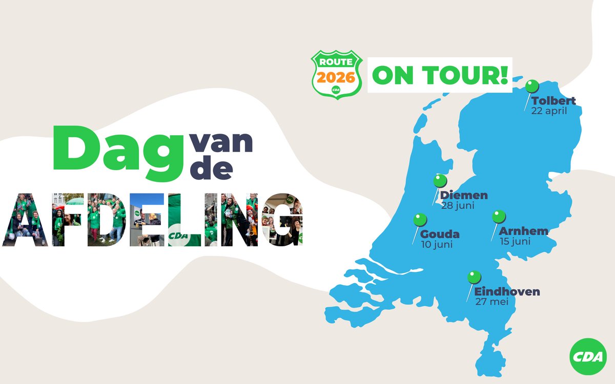 De Dag van de Afdeling komt naar je toe! 💚

Samen bouwen we aan het nieuwe CDA. Ben jij CDA'er en wil je meedenken, je laten inspireren of andere CDA'ers ontmoeten? Zorg dat je erbij bent!

📌 Tolbert 22/04
📌 Eindhoven 27/05
📌 Gouda 10/06
📌 Arnhem 15/06
📌 Diemen 10/06