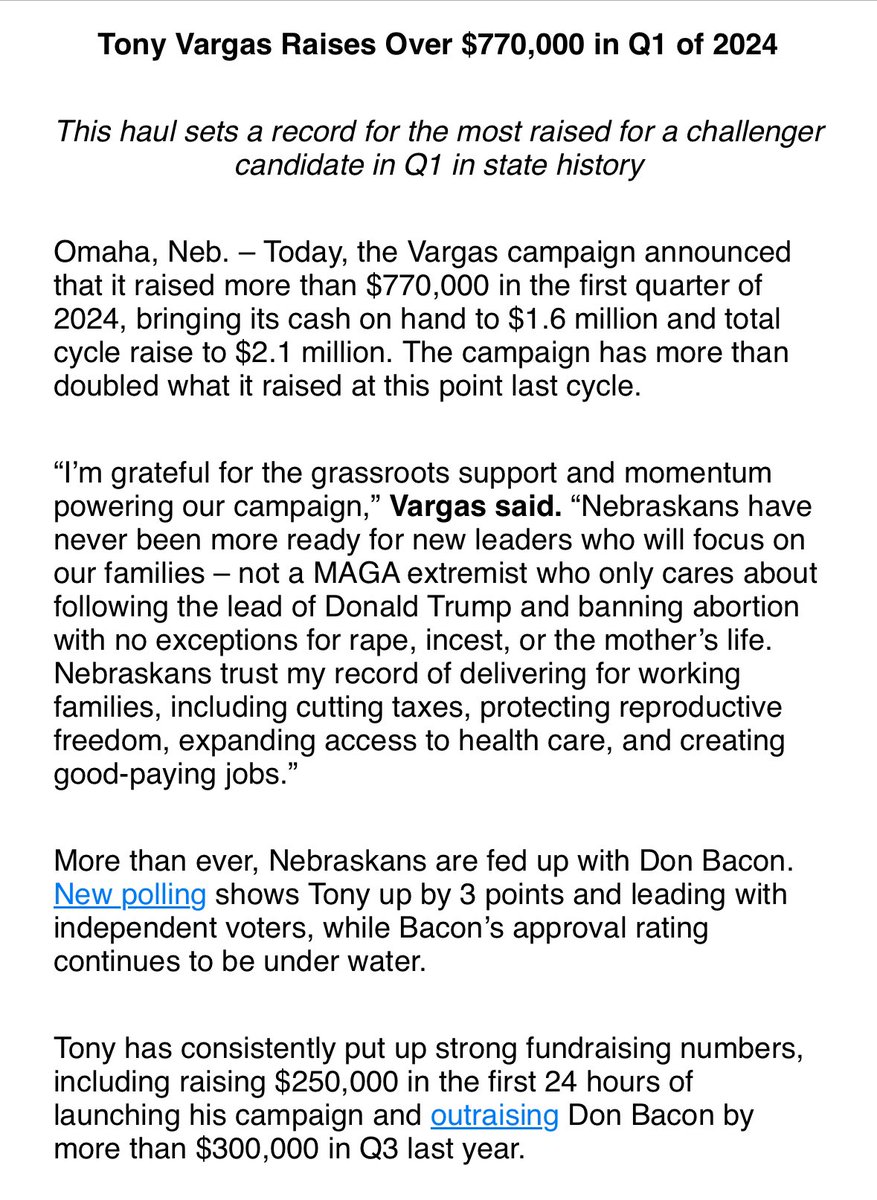 The idea that the #NE02 U.S. House race could be more competitive in 2024 is showing up in fundraising numbers. State Sen. @TonyVargas’ campaign announces he has raised basically doubled what he raised by this point last cycle against @DonJBacon.