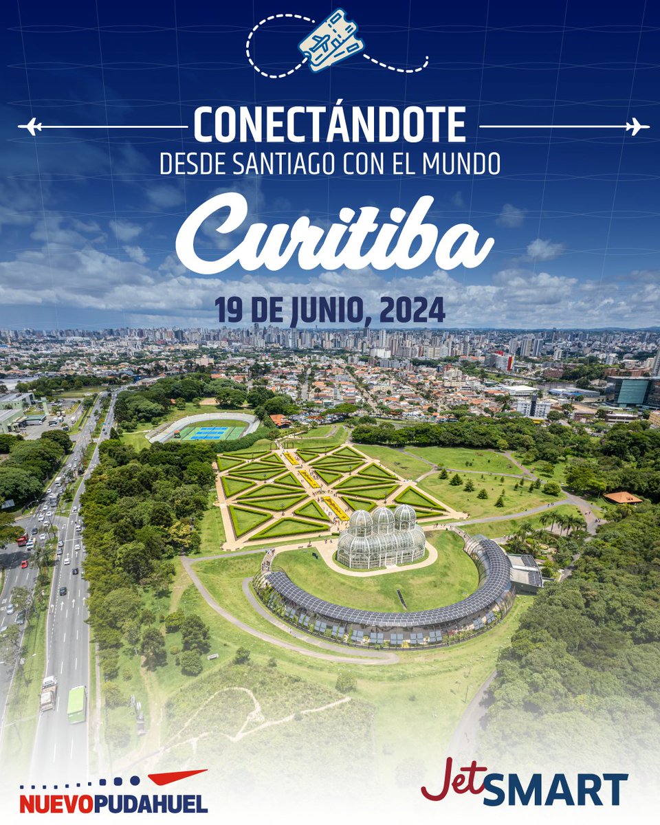 🇧🇷✈️ Con tres frecuencias semanales, Curitiba estará más cerca de ti con @VuelaJetSMART desde el próximo 19 de junio. Desde el Aeropuerto de Santiago, celebramos esta noticia que conecta aún más a Chile con la región.