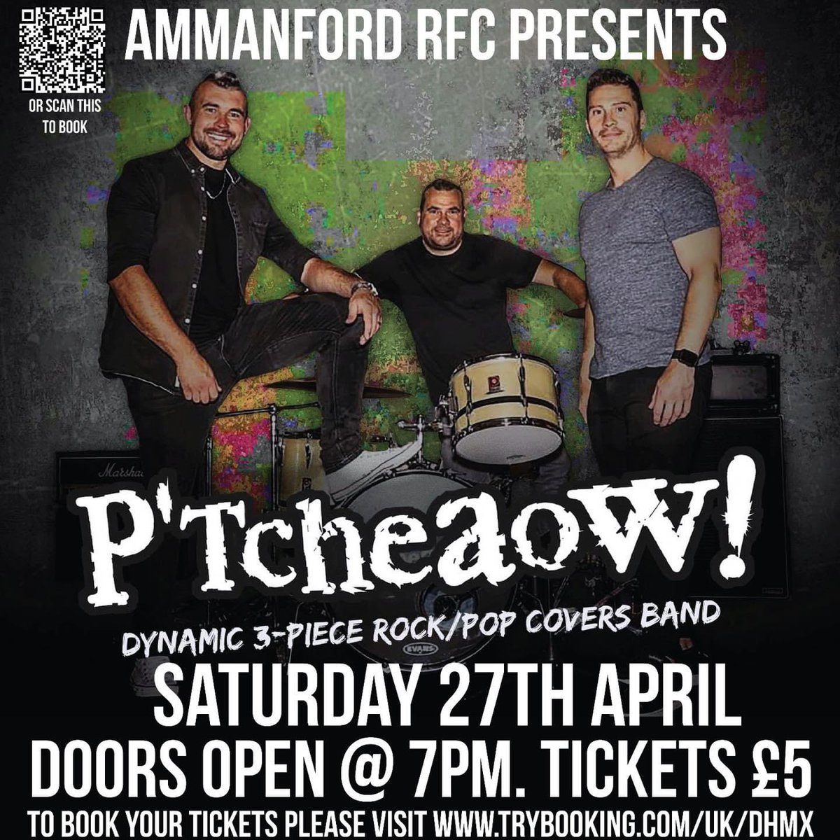 Live music at the club on Saturday April 27th, with local band P’tcheaow! @ptcheaow Limited amount of Tickets available to purchase on the link below. 🥁 🎸 @bigfilljewell 💪🏻⚫️🔵 #glasadu #mwynaclwb trybooking.com/uk/DHMX