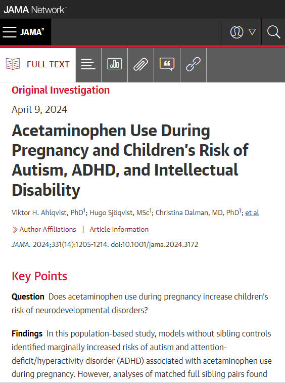 Acetaminophen use during pregnancy was not associated with children’s risk of autism, ADHD, or intellectual disability in sibling control analysis. ja.ma/3TUB3qy