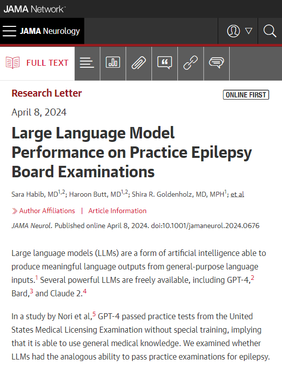 AI-based LLMs (GPT-4, Bard, and Claude 2) were given 8 practice tests for the ABPN Epilepsy Board Exam, 100 questions each. LLMs were able to achieve passing level scores; some hallucinated logic was noticed. ja.ma/4as6gbM