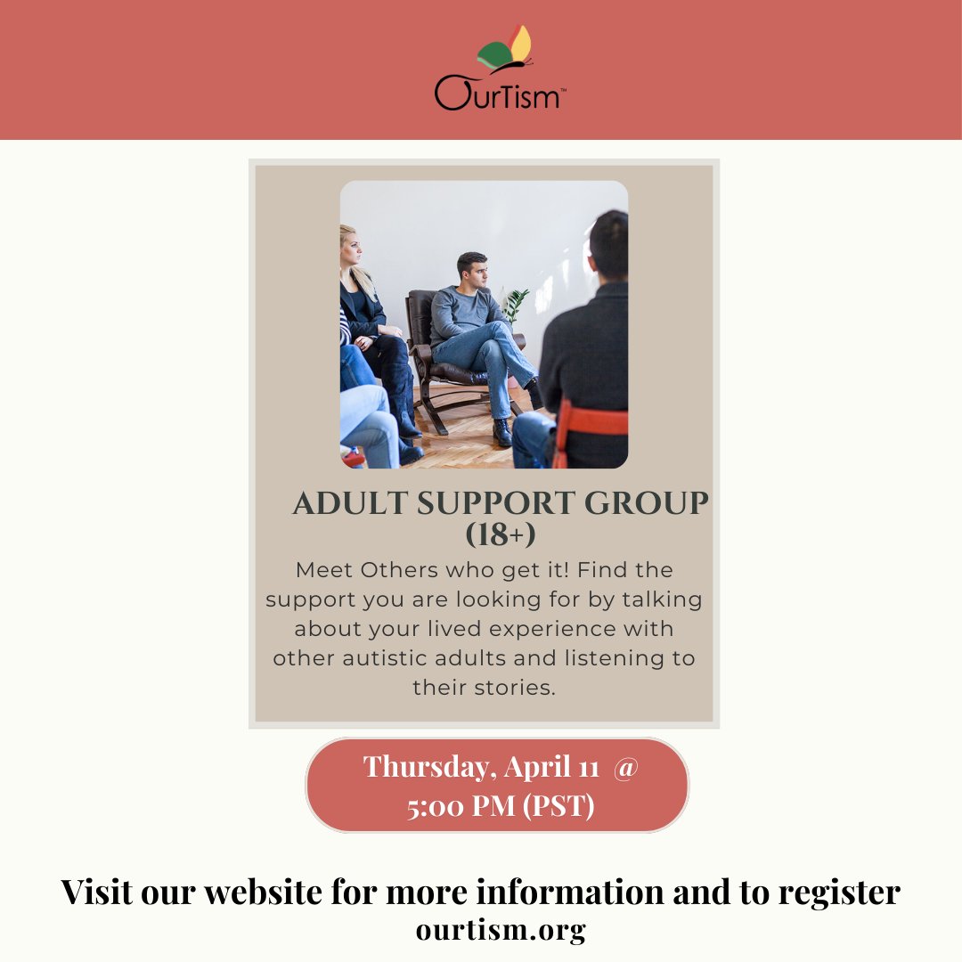ourtism's tweet image. Our Adult only Online Support Group (18+) is this THURSDAY April 11th from 5:00pm - 6:30pm (PST) ! Be sure to purchase your tickets on our website TODAY if you would like to attend! 

#Ourtism #Autism #AutismSupportGroup #ActuallyAutistic #Aspergers