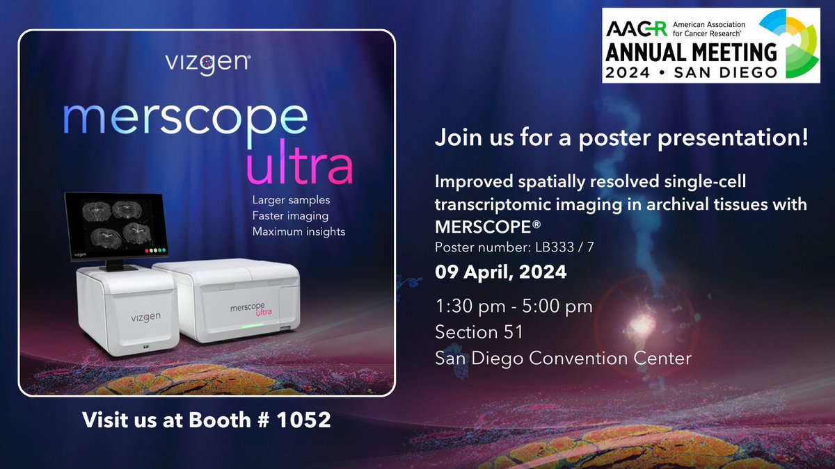 ✨We're thrilled to introduce the groundbreaking MERSCOPE® Ultra Platform & MERFISH 2.0 Chemistry at #AACR 2024! Come by booth #1052 for a deeper dive into our new product announcements and don't forget to visit our poster later today! ⏰1:30 – 5:00 pm I Poster# LB333/7 #Vizgen