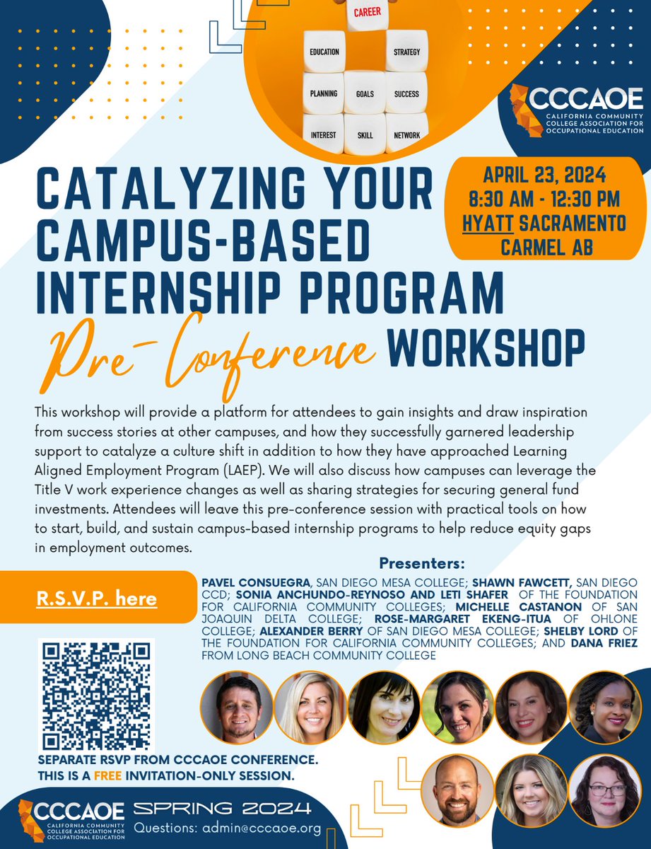 There are 5 AM and 4 PM pre-conference sessions for the Spring Conference. Must RSVP. Free with your full conference registration. Catalyzing your campus-based internship program, including LAEP at 8:30 am Learn more - drive.google.com/file/d/1Ps775f… #CCCAOESpring2024 #Careers4All