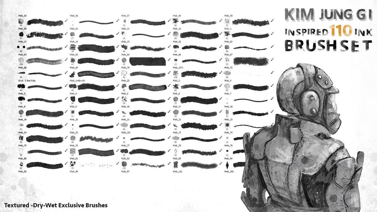 Cubebrush's tweet image. Ink Brush set inspired by KIM JUNG GI Paintings and overviews of tools he used in his artworks analyzed let Mels Mneyan create an imitation of tools and brushes he used in Digital and match the result of ink brush stroke effects. buff.ly/3VYibto

#digitalart #photosh