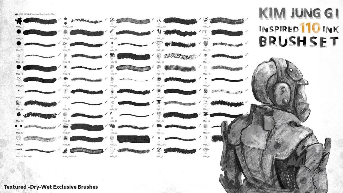 Cubebrush's tweet image. Ink Brush set inspired by KIM JUNG GI Paintings and overviews of tools he used in his artworks analyzed let Mels Mneyan create an imitation of tools and brushes he used in Digital and match the result of ink brush stroke effects. buff.ly/3VYibto

#digitalart #photosh