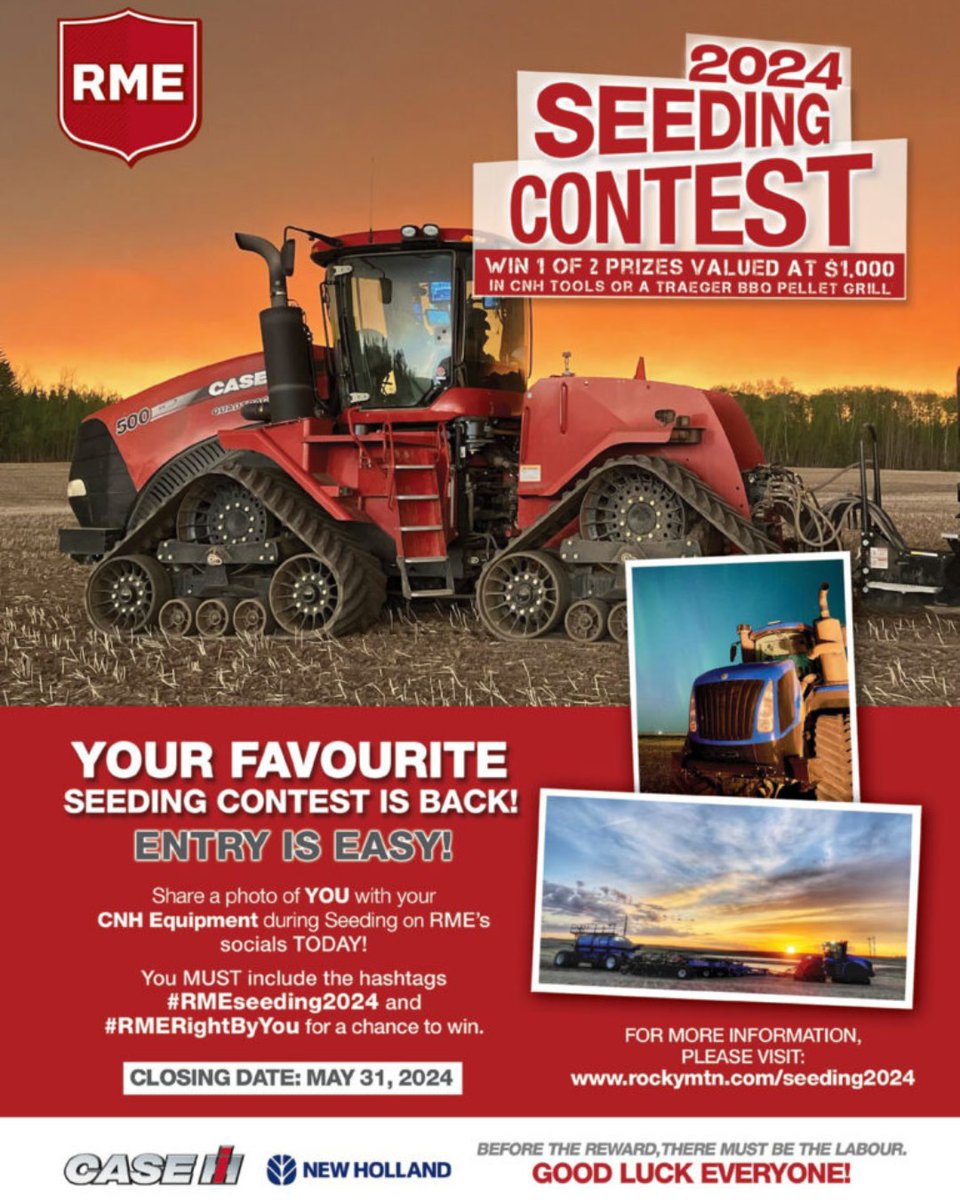 Get your seeding photos submitted for a chance to WIN a brand new Traeger Smoker Pellet Grill Valued at $1000 or a CNH tool credit. Share your picture on our page and include the hashtags #RMEseeding2024 and #RMERightByYou. For more details visit: rockymtn.com/seeding2024/