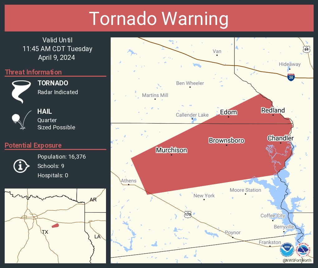 NWStornado's tweet photo. Tornado Warning including Chandler TX, Brownsboro TX and  Murchison TX until 11:45 AM CDT https://t.co/orAMggEFY2