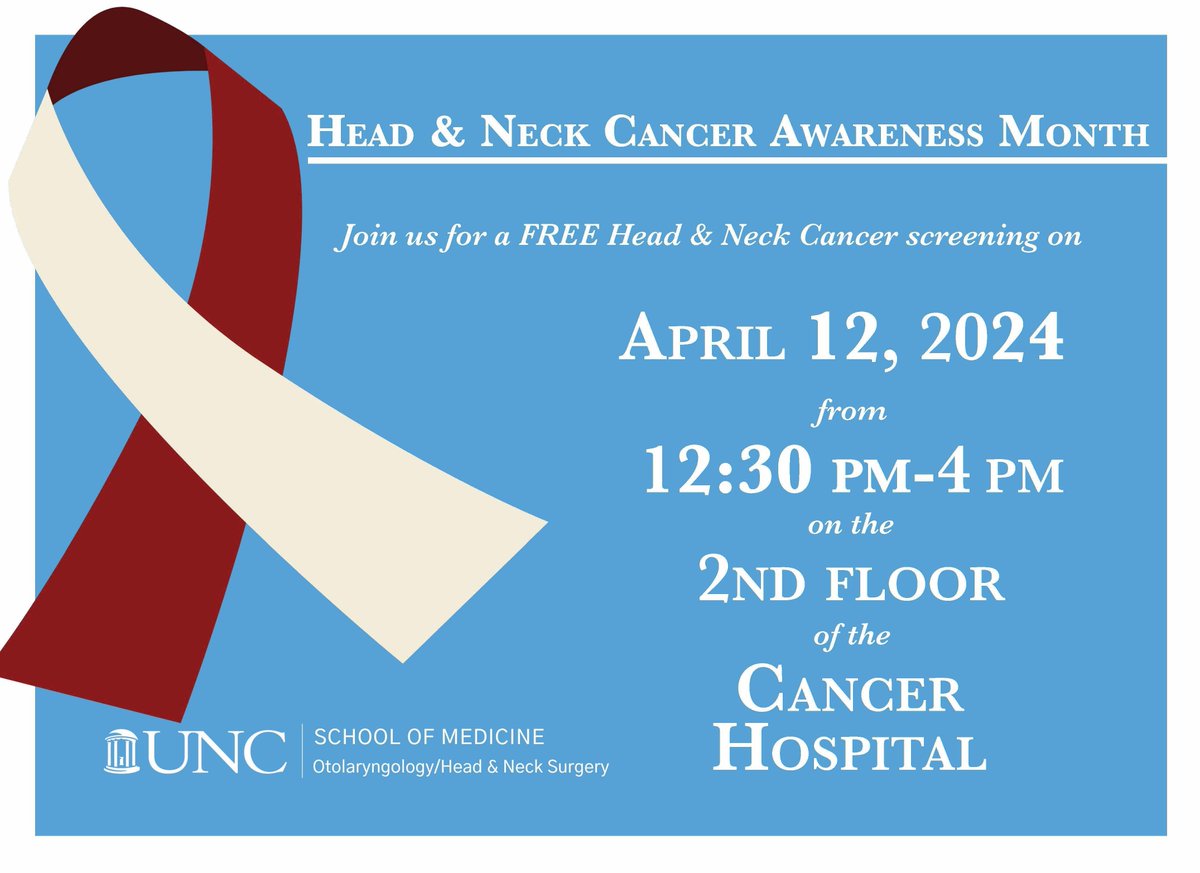 Join us for a FREE Head and Neck Cancer Screening during Head and Neck Cancer Awareness Month on the 2nd floor of the Cancer Hospital on April 12th, from 12:30-4PM! 👂 👃 🗣️ #HeadandNeckCancer #HNCancerMonth #Cancer #CancerAwareness #Otolaryngology #ENT #UNCHealth #UNC