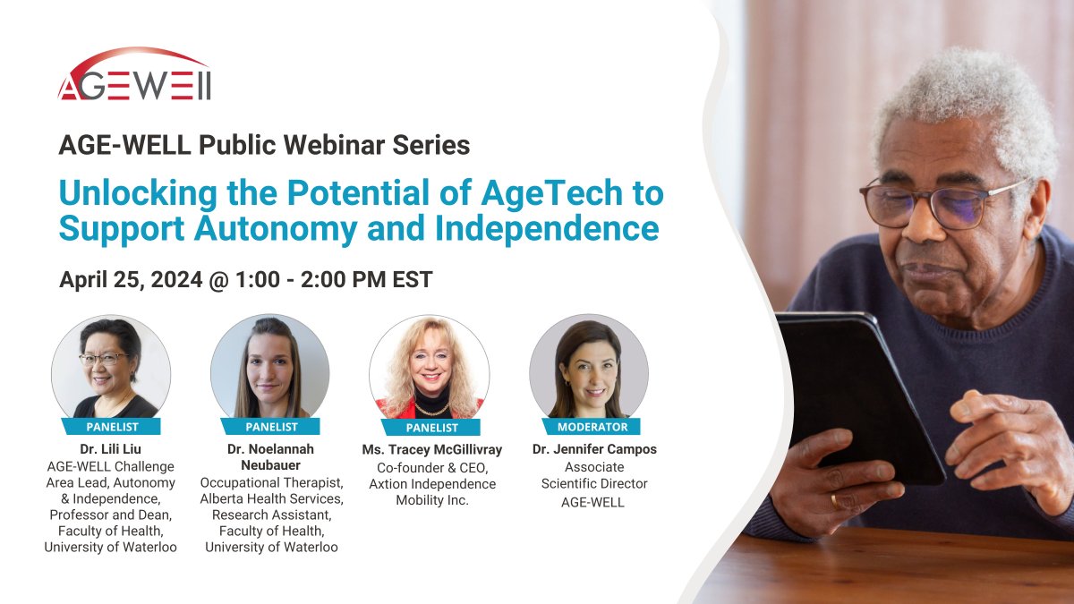 AGE-WELL (@agewell_nce) on Twitter photo 💡Join us on April 25 for an insightful webinar on Unlocking the Potential of #AgeTech to Support Autonomy & Independence. Hear from our esteemed panel: <a href="/lililiu_ca/">Lili Liu</a>, <a href="/Noelannah/">Noelannah Neubauer</a> Neubauer, Tracey McGillivray (<a href="/AxtionInc/">Axtion Independence Mobility Inc.</a>) & @JennyCamposPhD. Register at 🔗: ow.ly/8qrv50R8ohw 💡Join us on April 25 for an insightful webinar on Unlocking the Potential of #AgeTech to Support Autonomy & Independence. Hear from our esteemed panel: <a href="/lililiu_ca/">Lili Liu</a>, <a href="/Noelannah/">Noelannah Neubauer</a> Neubauer, Tracey McGillivray (<a href="/AxtionInc/">Axtion Independence Mobility Inc.</a>) & @JennyCamposPhD. Register at 🔗: ow.ly/8qrv50R8ohw