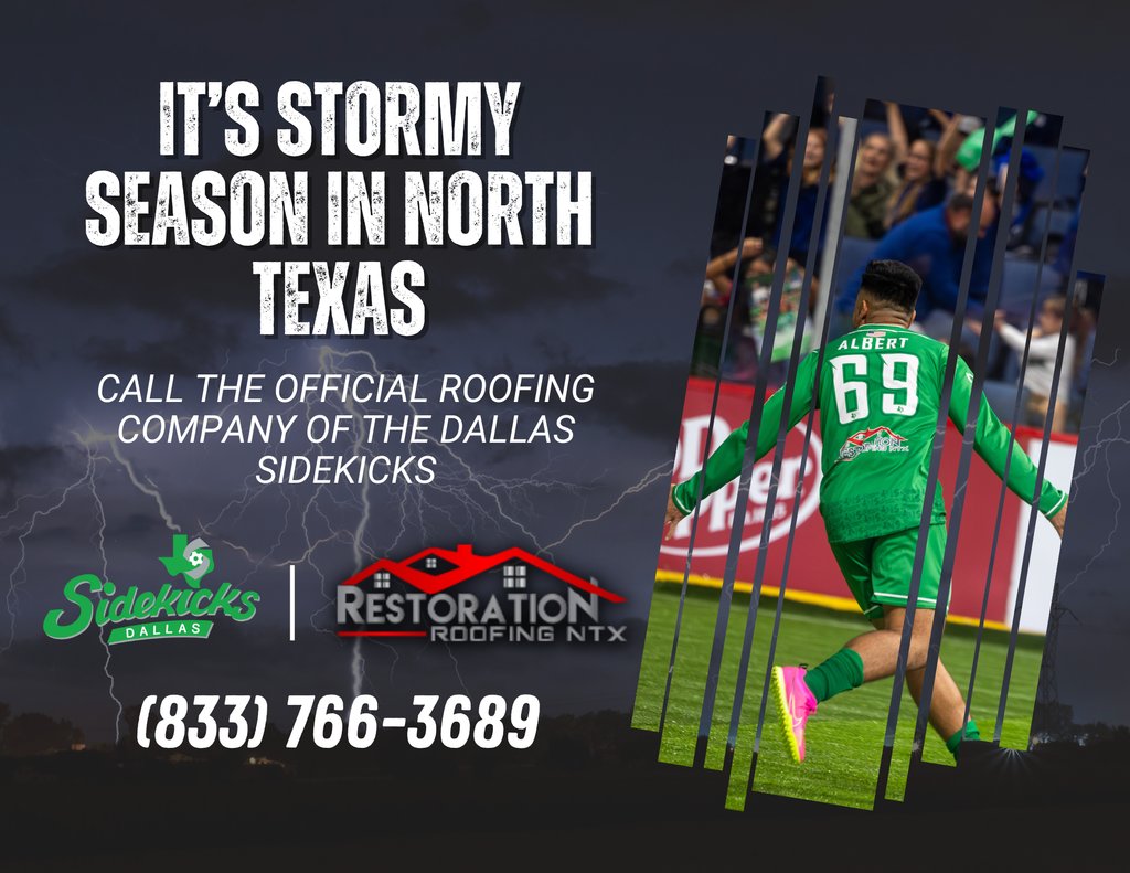 It's stormy season in North Texas ⛈️ Make sure to keep Restoration Roofing NTX, the official Roofing Company of the Dallas Sidekicks, in mind for all of your storm restoration needs! 🏠️ 🔗: restorationroofingntx.com #SidekicksRising