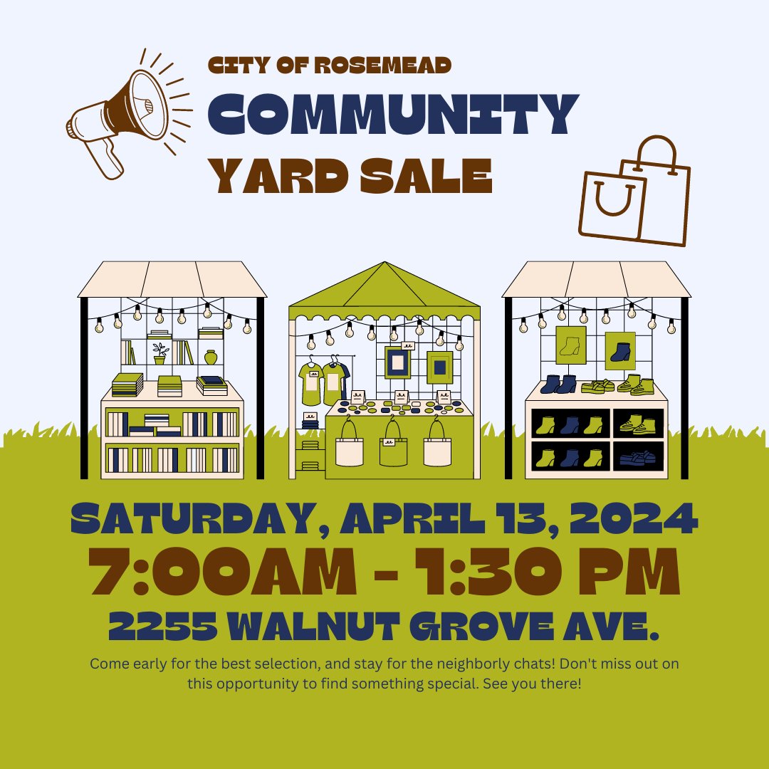 Our Community Yard Sale is coming up soon! Come to 2255 Walnut Grove Ave. from 7AM - 1:30PM on 04/13/2024. It's the perfect opportunity to find hidden treasures and score amazing deals. Hope to see you there! #CommunityYardSale #CityofRosemead #YardSale