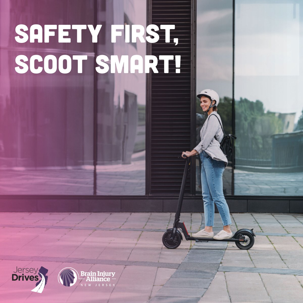 Stay charged up on safety! Keep your helmet on and ride responsibly on e-scooters. #E-ScooterSafety #JerseyDrives