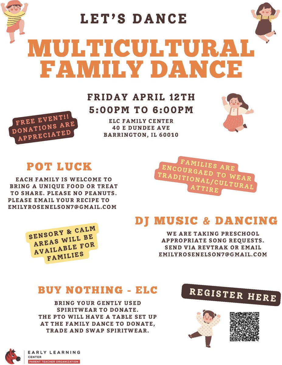 Our PTO is excited to invite you to the ELC Multicultural Family Dance this Friday 04/12 at 5 p.m.! This event is FREE and open to all ELC students and their families. Sign-up today! @BarringtonELC @B220ELC_PTO barrington220.revtrak.net/b220-pto-menu/…