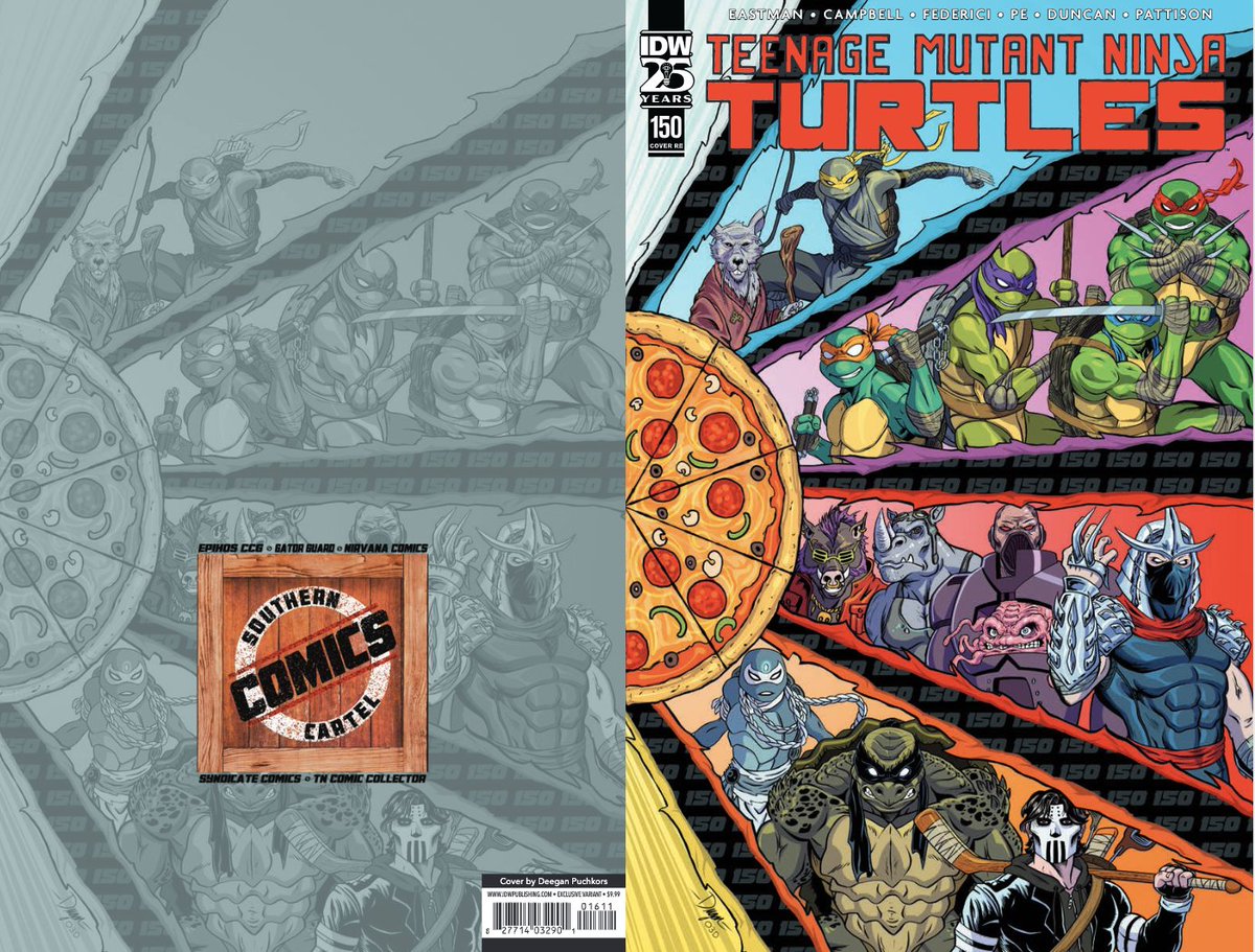 To celebrate #TheRoadto150 run by @mooncalfe1, we're doing a countdown of the RETAILER EXCLUSIVE covers for TMNT #150.

Today, we have a cover from @DeeganPuchkors for Southern Comics Cartel.

At your LCS on April 24: comicshoplocator.com

#TMNT #VariantCover