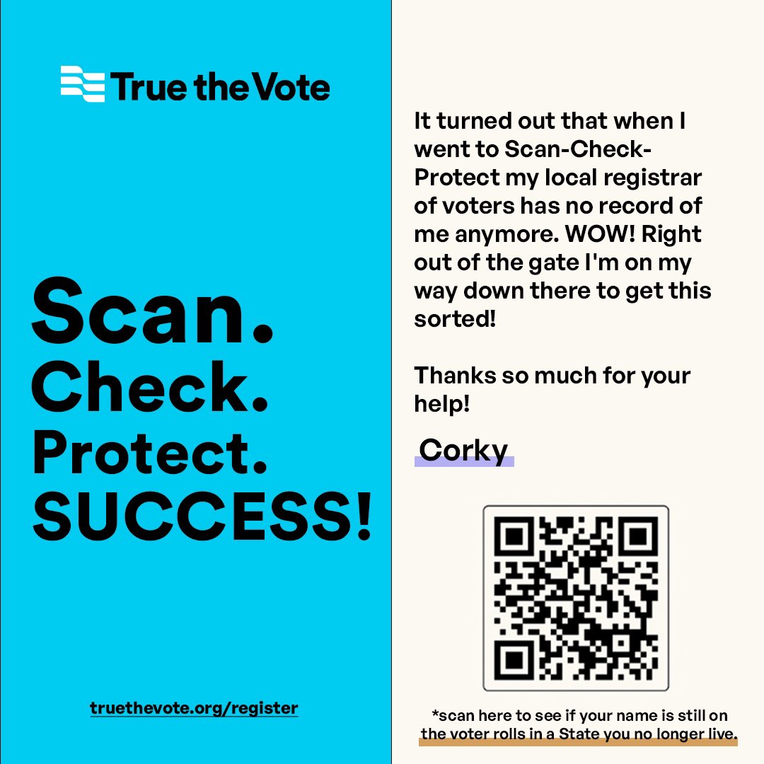 Another SCP success story! 🔺SCAN the QR code. 🔺CHECK to make sure you’re correctly registered where you live. 🔺PROTECT elections by making sure you’re not still registered in States you no longer live. Like. Share. Follow 👉🏻 @TrueTheVote