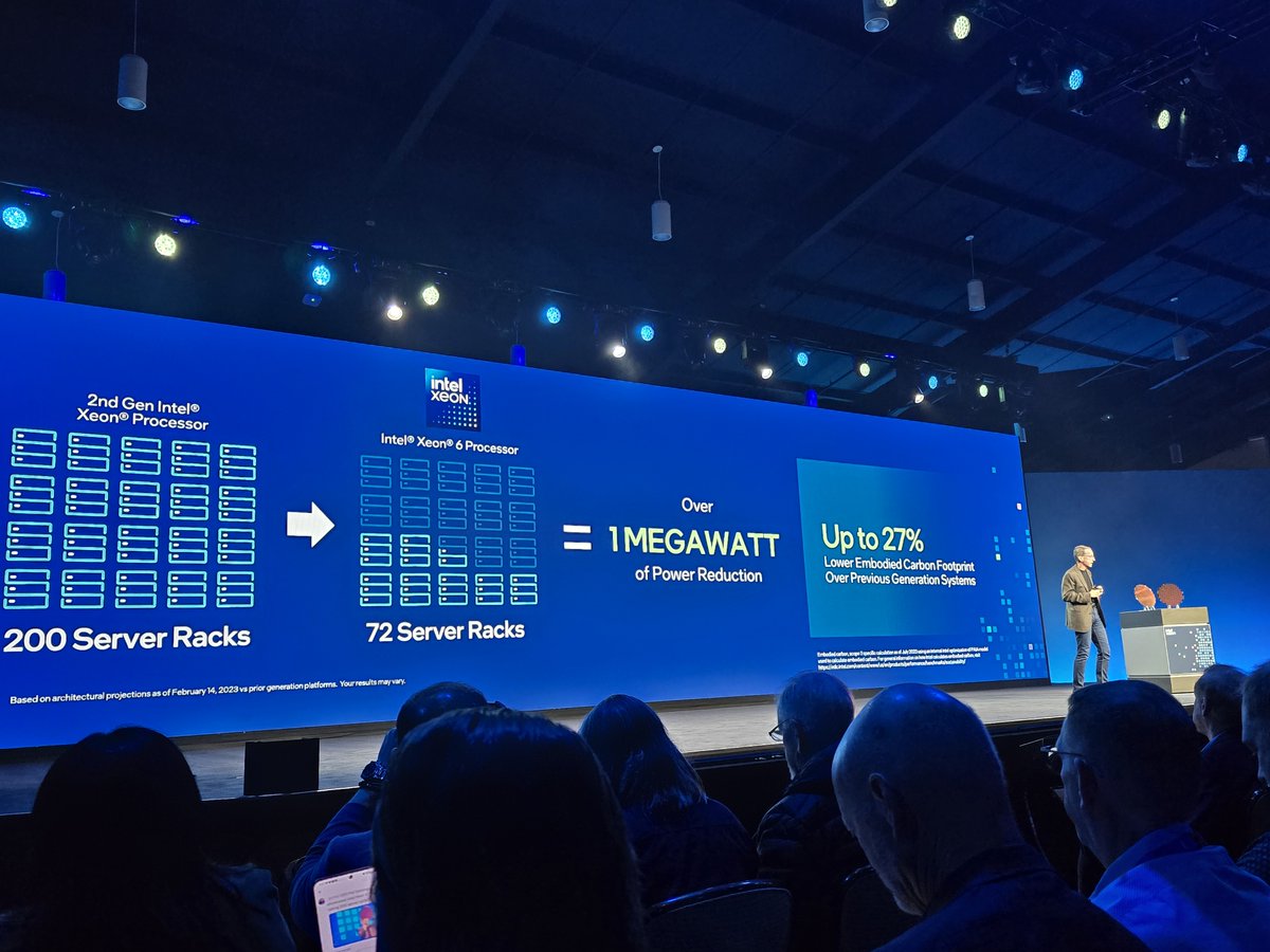 MikeFeibus's tweet image. Tremendous power savings with new @intel Xeon 6. Replacing 200 server racks w/ 72 racks translates into power savings of 1megawatt. @PGelsinger #intelvision #datacenter