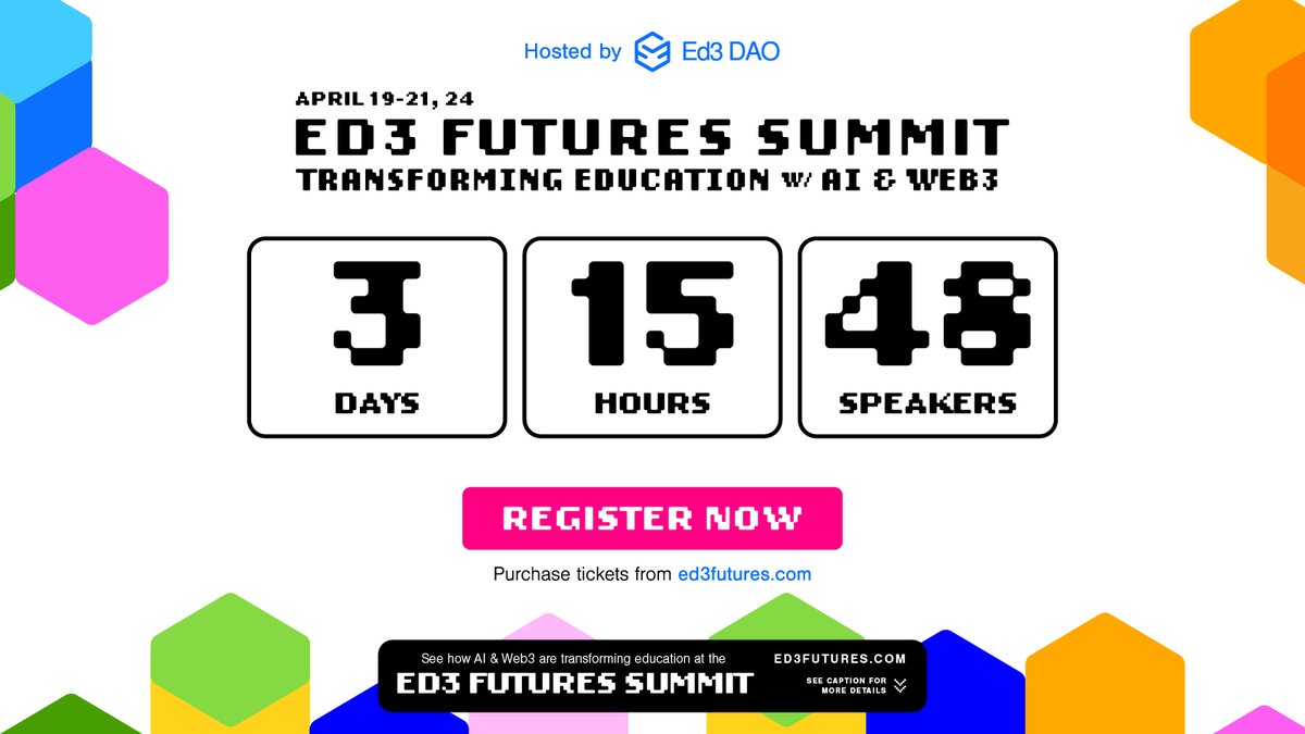 🎉3 Days. 15 Hours. 48 Speakers🎉 We’re excited to participate in the Ed3 Futures Summit, hosted by @Ed3DAO. Join us in transforming the future of education with AI and Web3. ed3futures.com for more info. #ed3dao #ed3futures #aievents