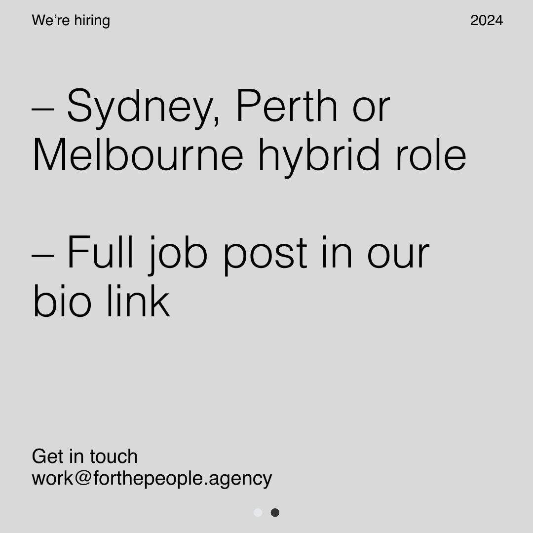 Open Role: <a href="/ForThePeopleAu/">For The People</a> is looking for a Design Director to join their agency.

Role: Design Director
Type: Full-Time
Location: Sydney / Perth / Melbourne (hybrid)

For full details, check the link in our bio.⁠