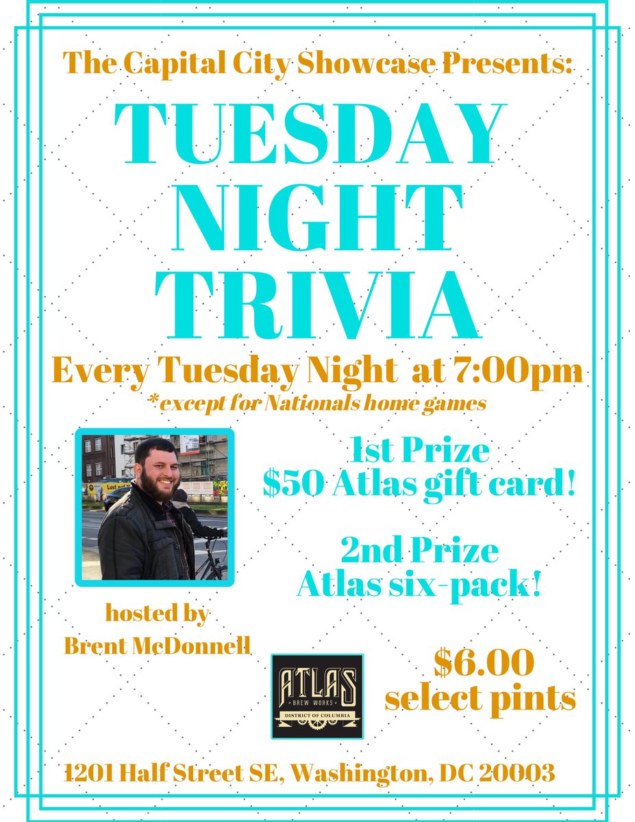 Tuesday night trivia at our Navy Yard location starts tonight! Grab your friends and join @CapCityShowcase. Prizes and drink specials. Pints and pizza. Starts at 7pm.
