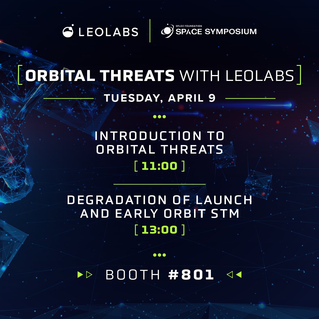 👋 Stop by our booth today at #SpaceSymposium for two 15 min threat briefings: 11:00 MT — Introduction to Orbital Threats 13:00 MT — Degradation of Launch and Early Orbit Space Traffic Management See you there! #SpaceSecurity