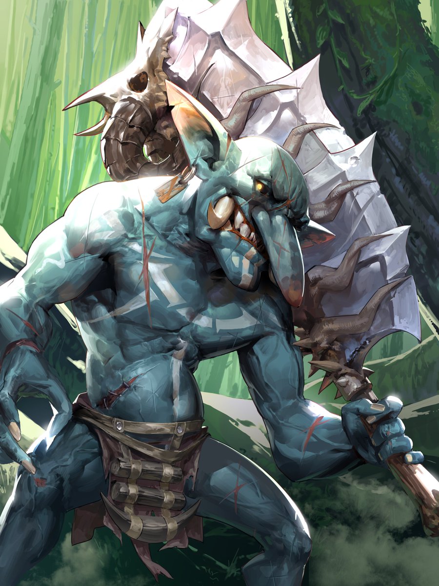 SekaiGlory's tweet photo. Bloody and bruised, you sigh as you survey the remnants of both the slime and treant bosses. 

As you heal yourself, the next door suddenly swings open. 

Beyond the door, a mighty goblin warrior sits on his throne, licking his lips with anticipation. 

Behind him lie treasures of magic and mystery.