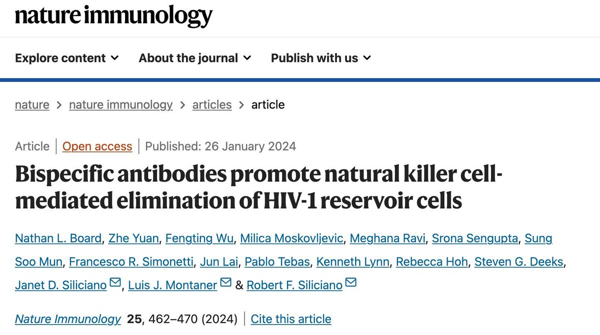 Bispecific antibodies promote natural killer cell-mediated elimination of HIV-1 reservoir cells Co-authors include DARE researchers Profs Steven Deeks and Robert Siliciano In @NatImmunol #HIV #HIVcure buff.ly/3SCEiDP