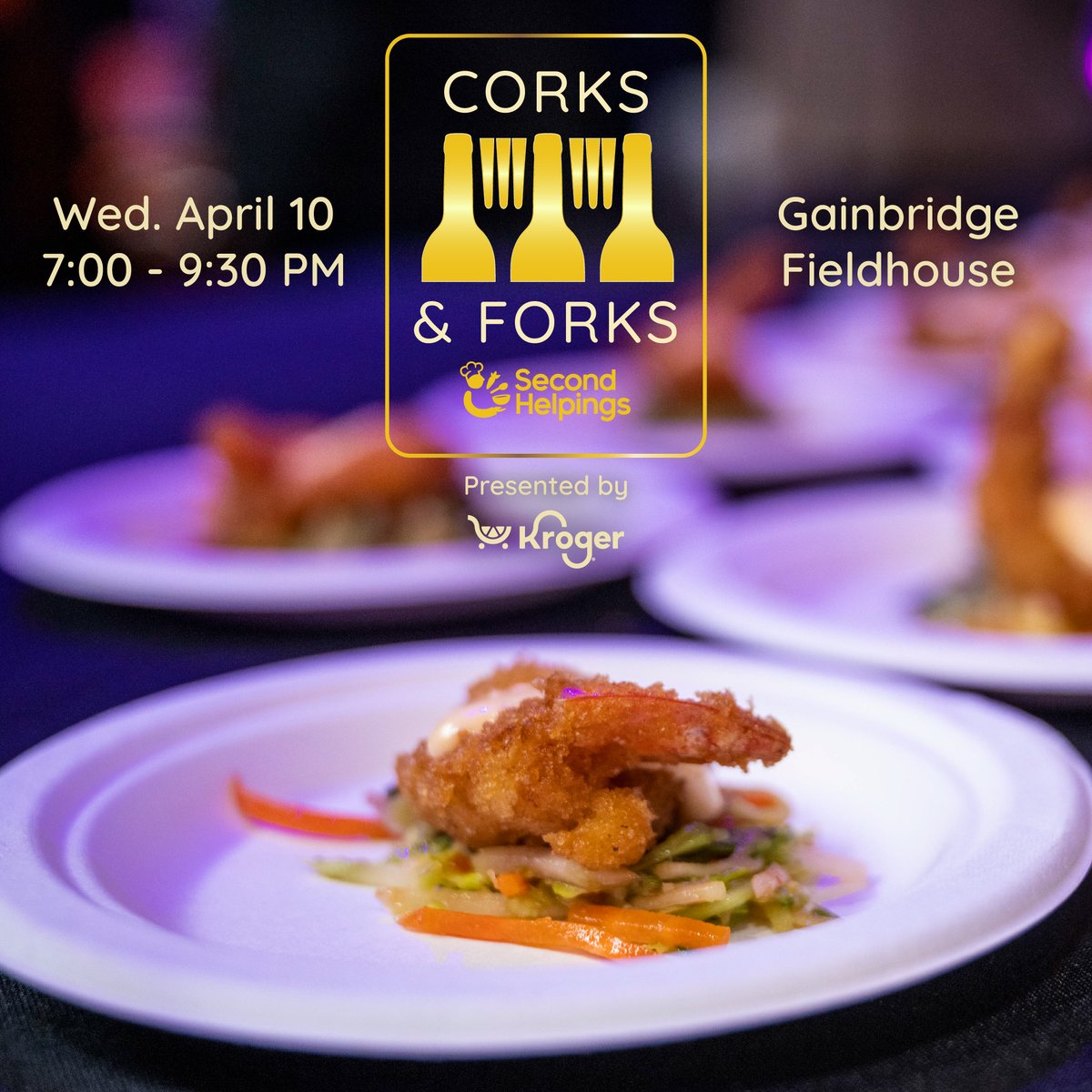 There's still time to purchase a ticket for Corks & Forks, presented by @Kroger, tomorrow! Join us for a food and beverage journey inside exclusive spaces at Gainbridge Fieldhouse with creative dishes, signature drinks, silent auction, and more. secondhelpings.org/corksandforks/