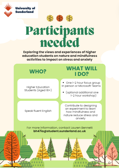 LaurenBennettR's tweet photo. 🌟RECRUITING for my PhD project🌟

Are you a higher education student interested in reducing stress and anxiety? 📉

Join a 1-2 hour virtual or in person focus group to share your views on nature and mindfulness activities🌳🌊

See below and email bh47ia@student.sunderland.ac.uk https://t.co/4GMcUZbggG