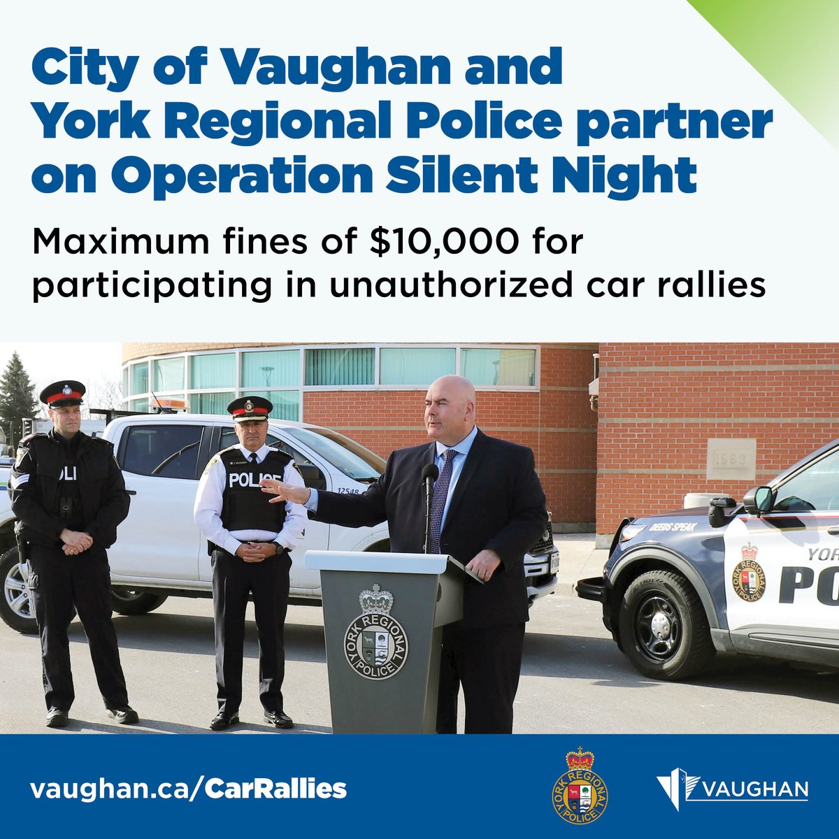 City_of_Vaughan's tweet photo. Today, the City, in collaboration with @YRP and the @InsuranceBureau, held a press conference where Mayor Steven Del Duca and Police Chief Jim MacSween announced amendments to Vaughan’s by-laws prohibiting participation in unauthorized car rallies: https://t.co/vadSnJ9XRp https://t.co/qxsuvfCPpM