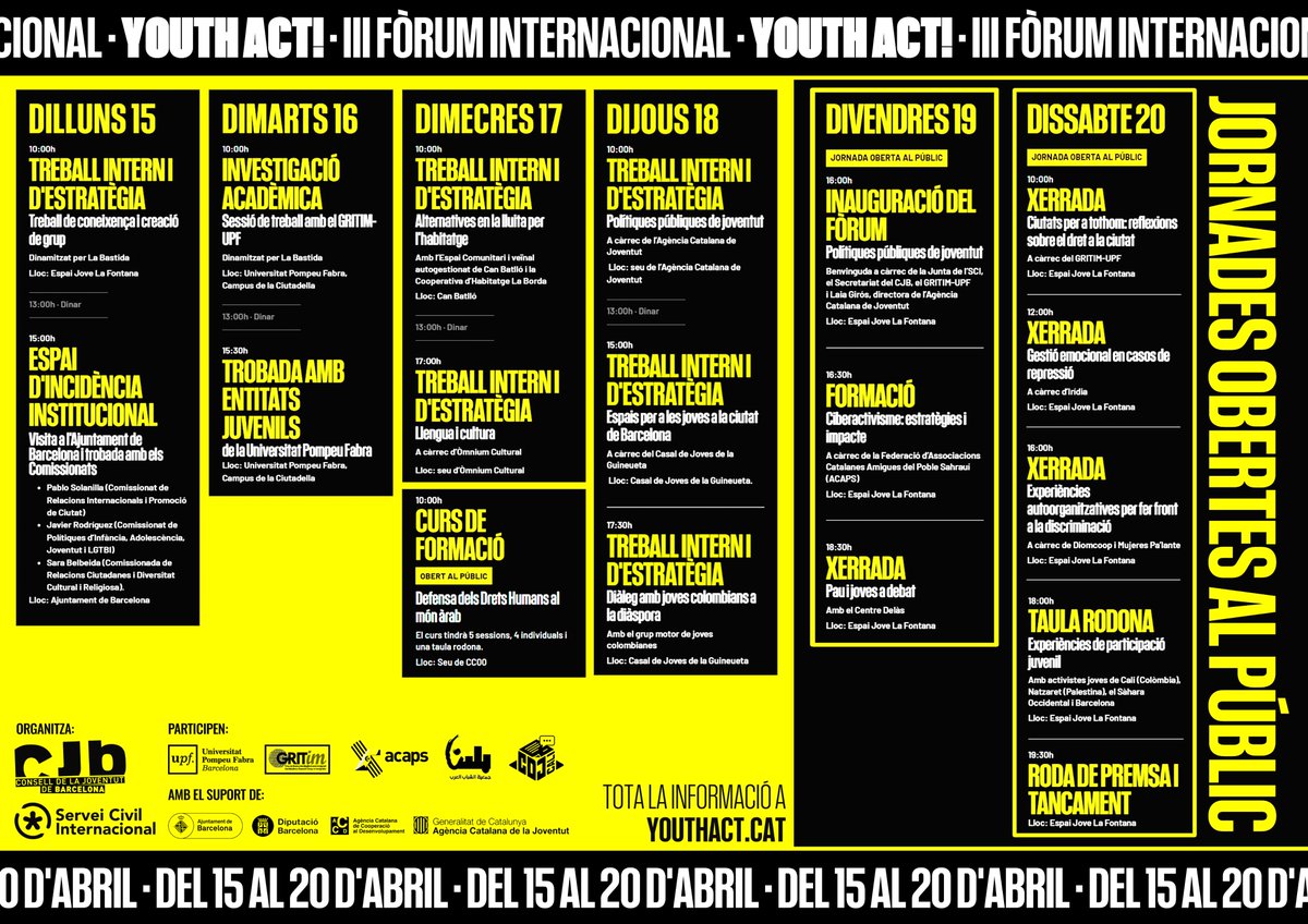 #ForumYouthAct | Del 15 al 20 d'abril, 60 joves de #Colombia, #Palestina i #Barcelona es trobaran per debatre sobre #repressió, #habitatge i #SobiraniaAlimentaria 💬 Els dies 19 i 20 tindrem jornades obertes al públic 💫 Inscriu-t'hi aquí 👉 youthact.cat/participar/