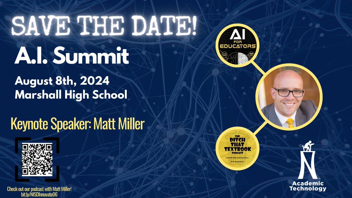 🤖Curious about AI? Save the date for an incredible AI Summit hosted by @NISDAcadTech! 🌞We will have engaging sessions, a fantastic panel of AI experts, and a wonderful keynote by the amazing @jmattmiller from @DitchThatTxtbk !! 🤩Drop your questions in the comments👇 #AI