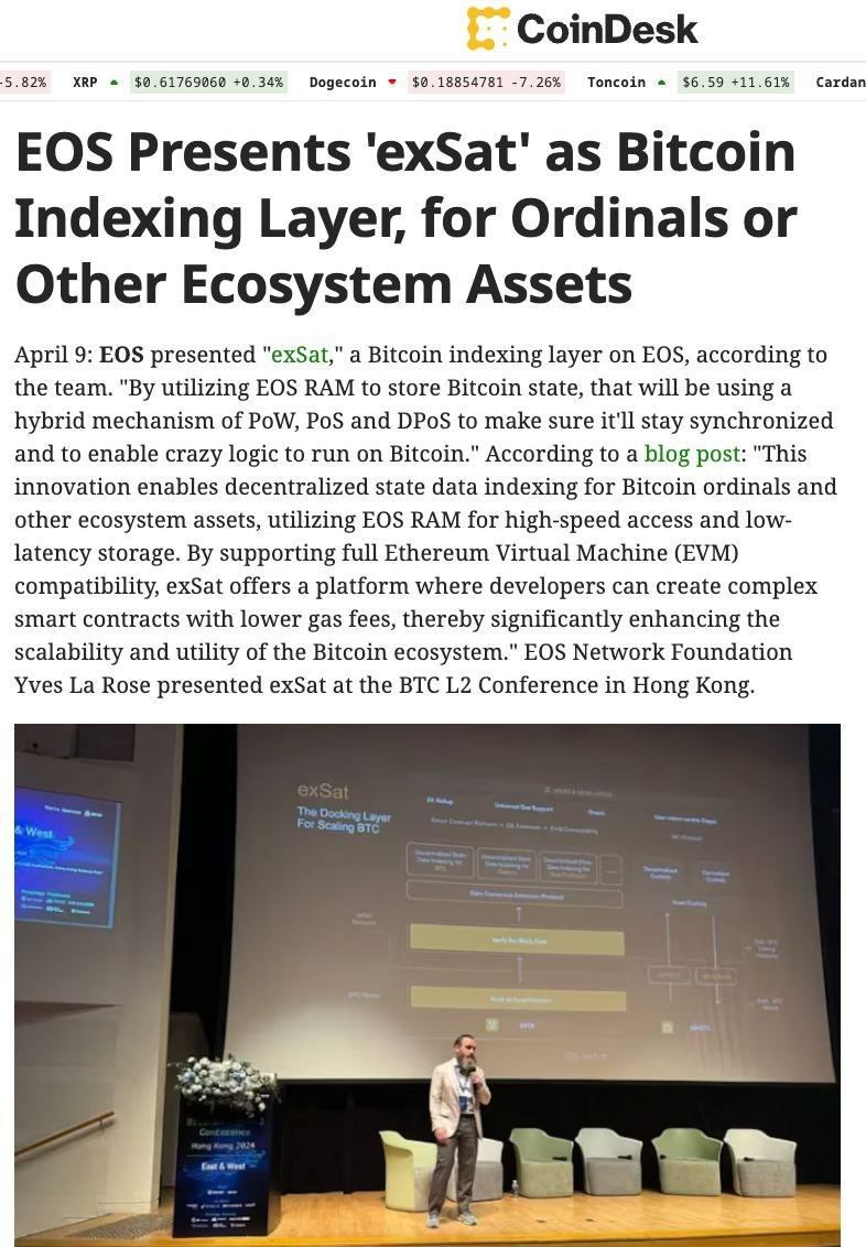 The recent announcement of @exSatNetwork, a #Bitcoin scaling solution built on top of #EOS was covered by @CoinDesk 📰 Check out the full article below to learn more 👇 coindesk.com/tech/2024/04/0…