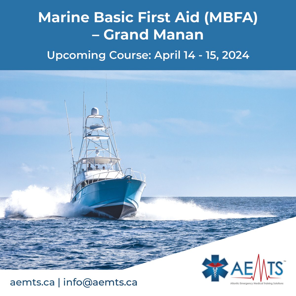 ⚓ Don't miss out! 🌊 Learn Marine Basic First Aid (MBFA) in Grand Manan, April 14-15, 2024. Stay safe on the water with Atlantic Emergency Medical Training Solutions. Sign up now! #MarineFirstAid #SafetyAtSea 🆘#MarineFirstAid #SafetyAtSea