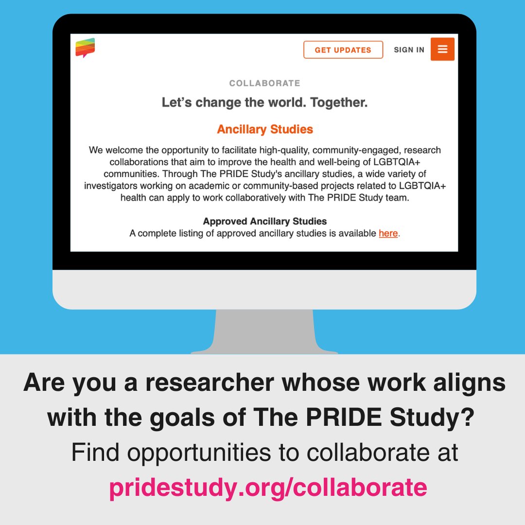 Through The PRIDE Study's ancillary studies, a wide variety of investigators working on academic or community-based projects related to LGBTQIA+ health can apply to work collaboratively with The PRIDE Study team. Learn more: pridenet.org/collaborate #PrideInHealth #LGBTQIAHealth