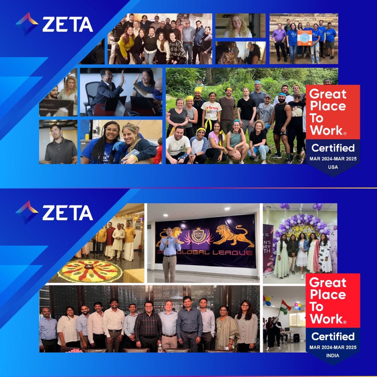 🎉 This is awesome: Zeta is certified as a Great Place To Work® in both the US and India! This recognition is a testament to our commitment to inclusivity and the core virtues we uphold every day. A huge shoutout to the entire Zeta team! bit.ly/4cRMHv0