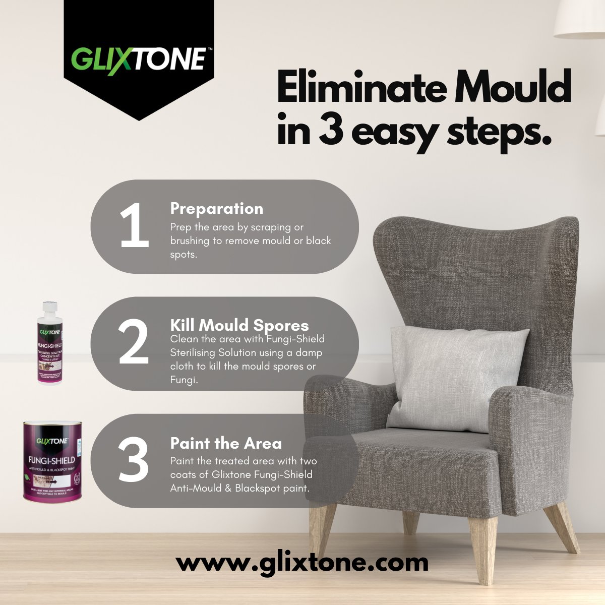 Transform your space with Glixtone Fungi-Shield in three easy steps. It is easy to apply by brush or roller and covers 11-13 sqm.

Find your nearest stockist here: glixtone.com/where-to-buy

#DIYHomeProjects #MouldProtection #GlixtoneFungiShield #EliminateMould