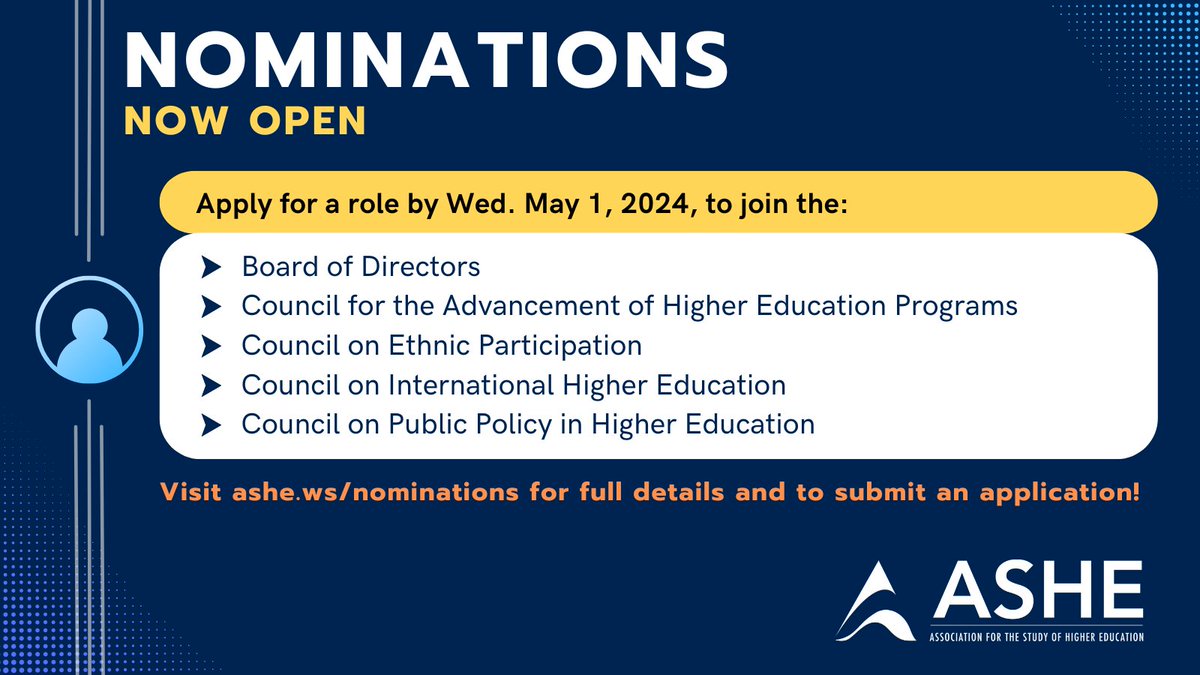 Nominations are now open for volunteer leadership roles within our:
Board of Directors
<a href="/CahepAshe/">ASHE-CAHEP</a>
<a href="/ASHE_CEP/">Council for Ethnic Participation (CEP)</a>
<a href="/ASHE_CIHE/">CIHE</a>
<a href="/ASHE_CPPHE/">CPPHE ASHE</a>
Please visit ashe.ws/nominations to read full details on available roles and to submit an application by Wednesday, May 1, 2024.