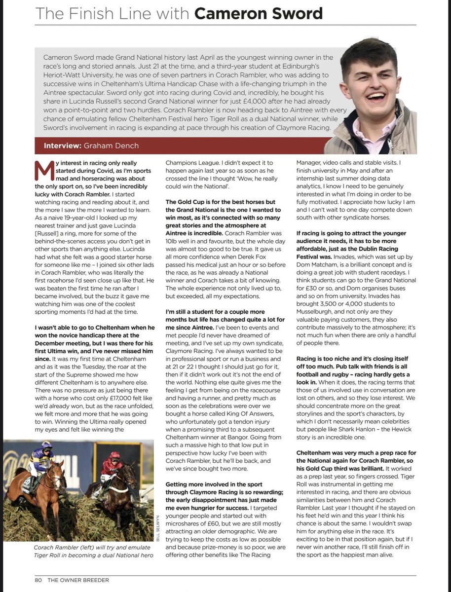 It was a privilege to do a piece for the Owner Breeder magazine with Graham Dench on all things Corach Rambler and Claymore Racing! You can find it in the April 2024 edition 🔵⚪️ #AShareInTheWin #ClaymoreRacing
