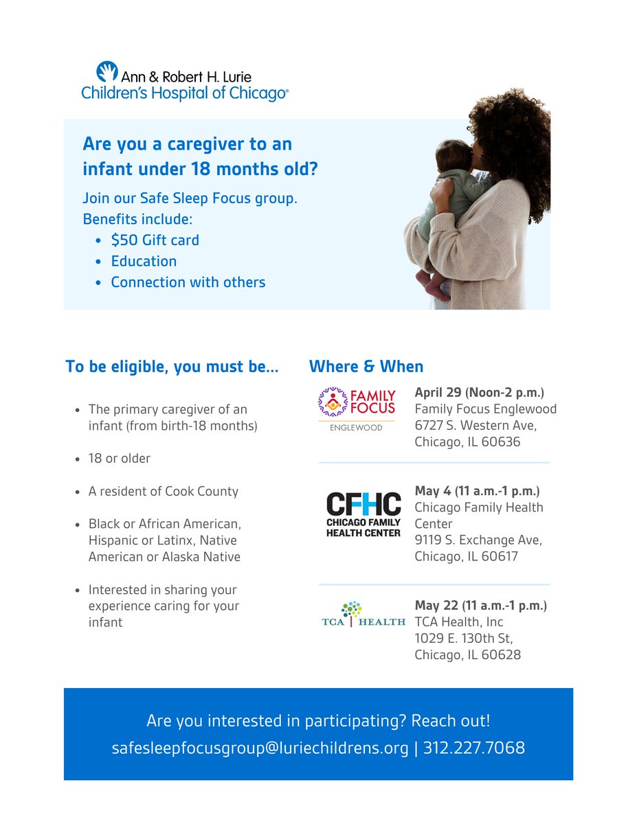 Are you a caregiver of an infant 0-18 months of age? Join our safe sleep focus group today. Use the contact information listed to register today!